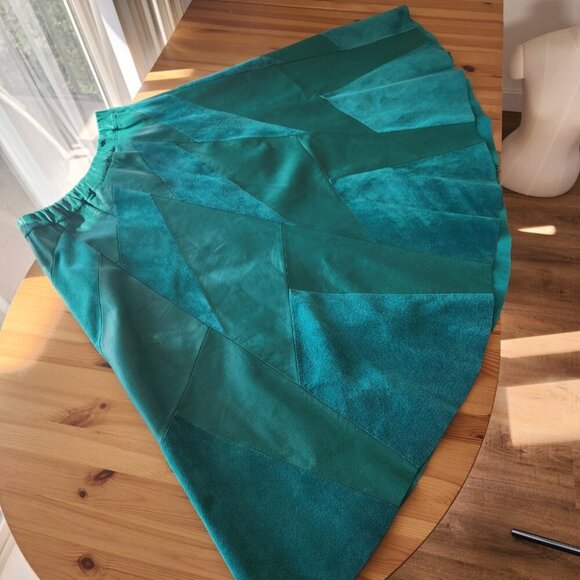 Vintage Green Leather Suede Midi Skirt Unique Geometric Artsy Fits M? SEE NOTE - Picture 4 of 11